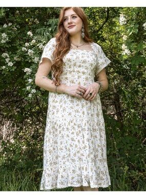 Women’s White Floral Midi Dress with Puff Sleeves